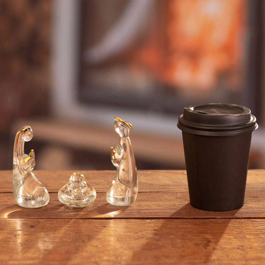 Modern Handblown Glass Nativity Scene with Golden Accents - Clear Miracle
