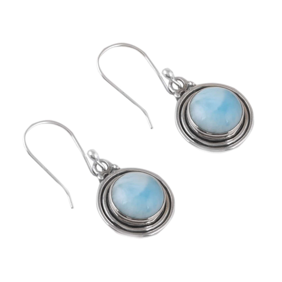 Polished Natural Round Larimar Dangle Earrings from India - Regal Enchantment