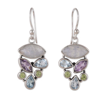 Multi-Gemstone Sterling Silver Dangle Earrings from India - Stylish Glam