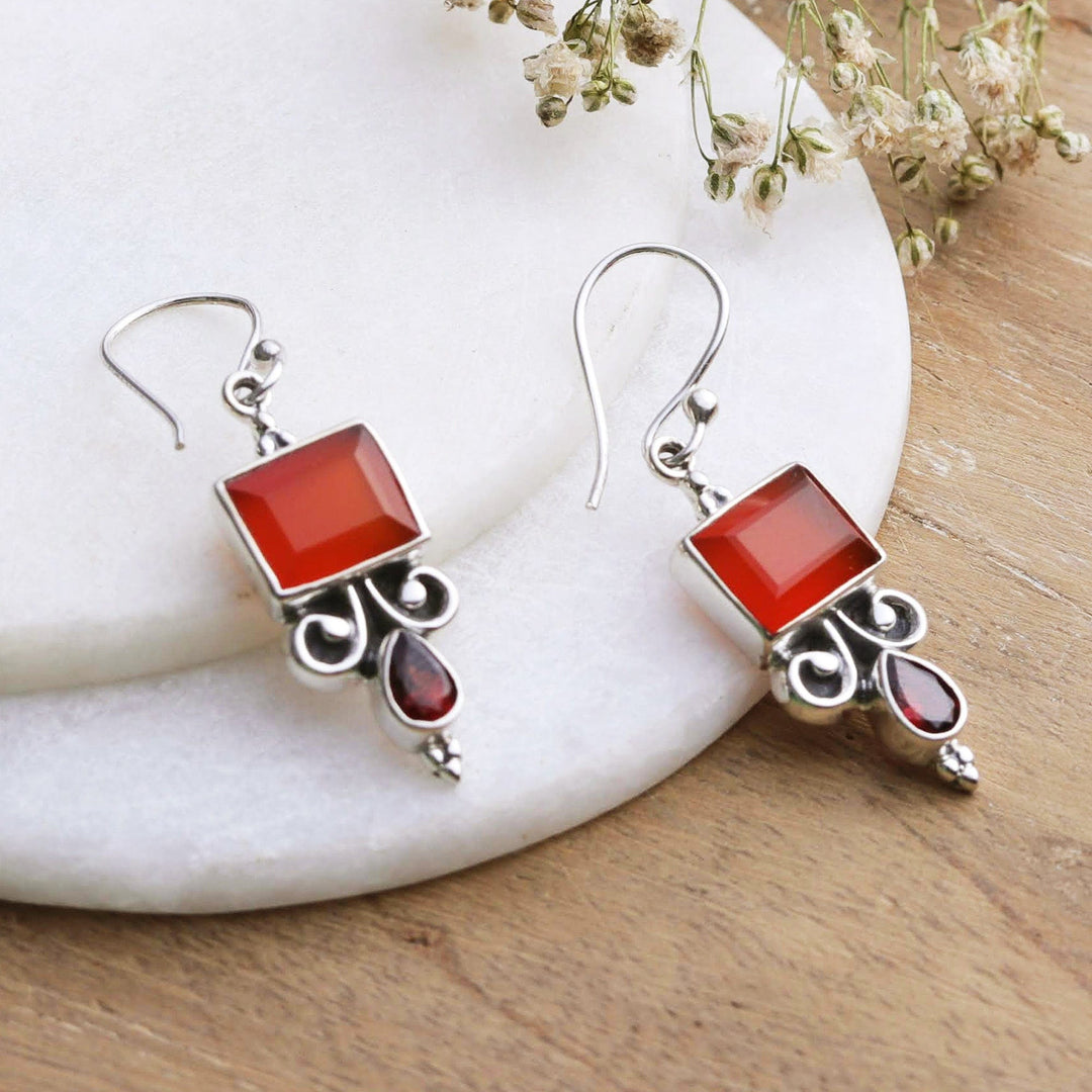 Sterling Silver Dangle Earrings with Carnelian Garnet Stones - Red Vibrancy