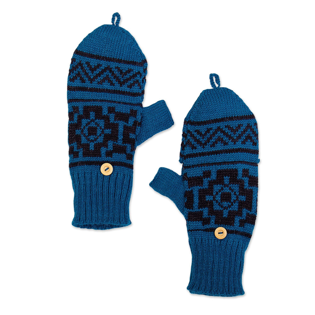 Alpaca Blend Convertible Gloves with Wooden Button Closure - Blue Prince