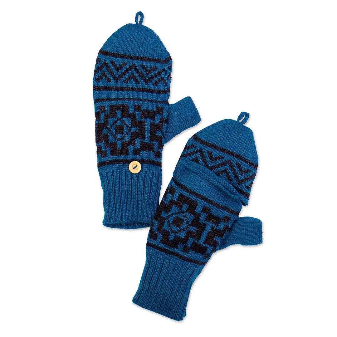 Alpaca Blend Convertible Gloves with Wooden Button Closure - Blue Prince