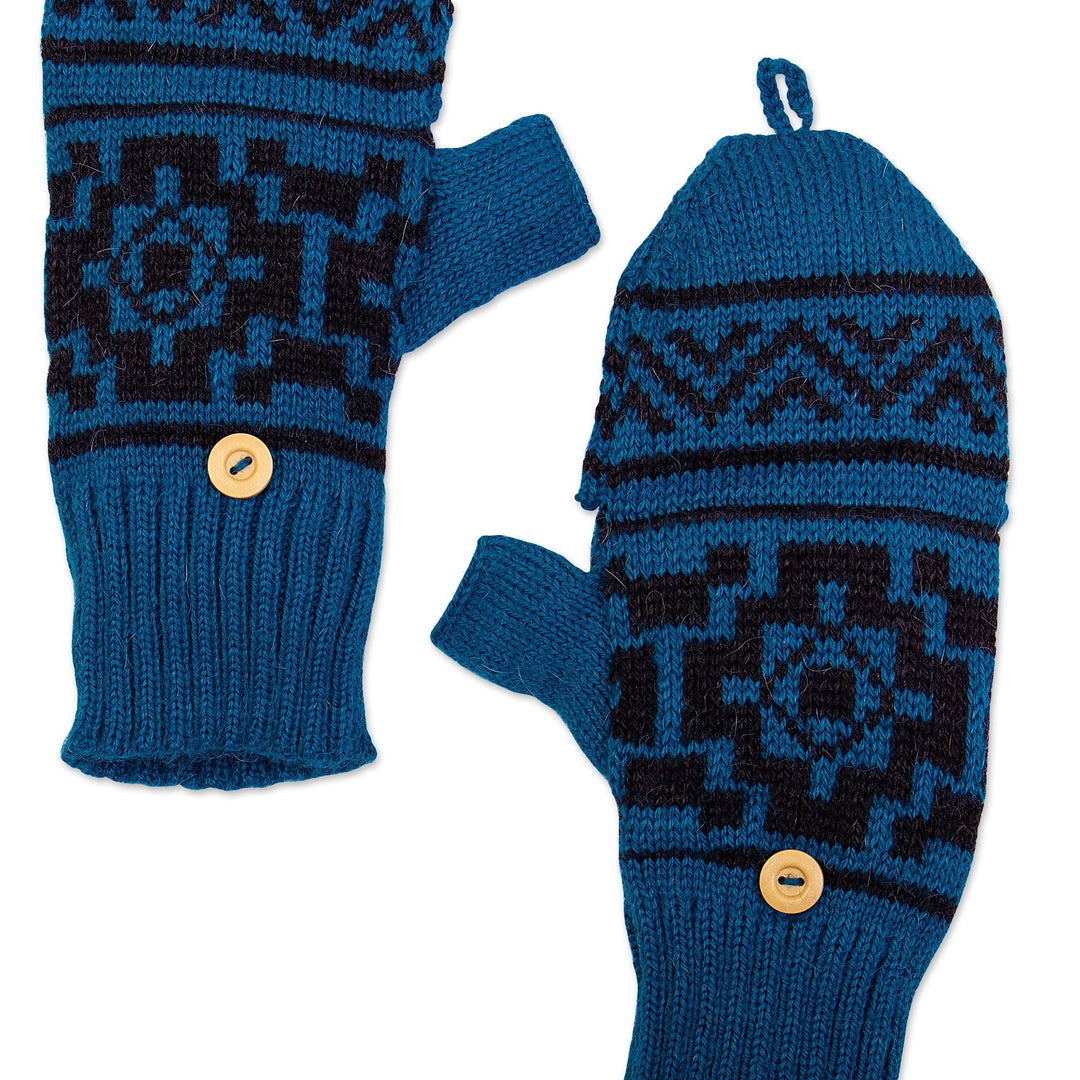 Alpaca Blend Convertible Gloves with Wooden Button Closure - Blue Prince