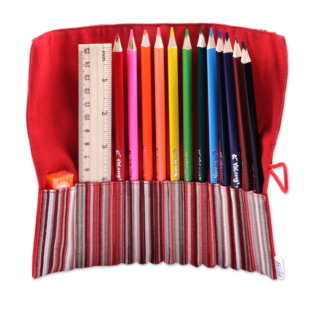Wooden Colored Pencil Set and Red Cotton Roll Case - Creative Crimson