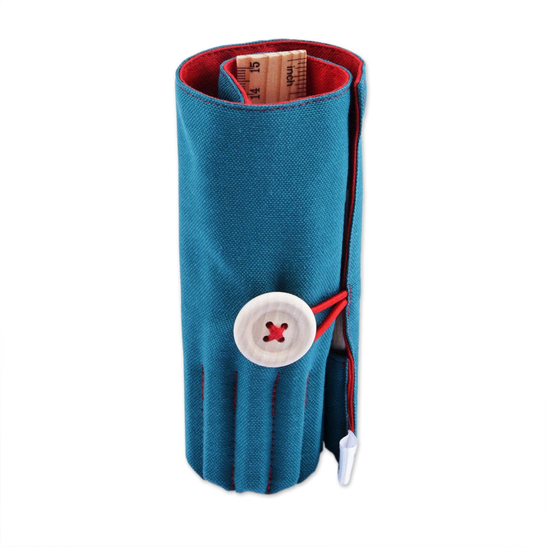 Wooden Colored Pencil Set with Teal and Red Cotton Roll Case - Passion Palette