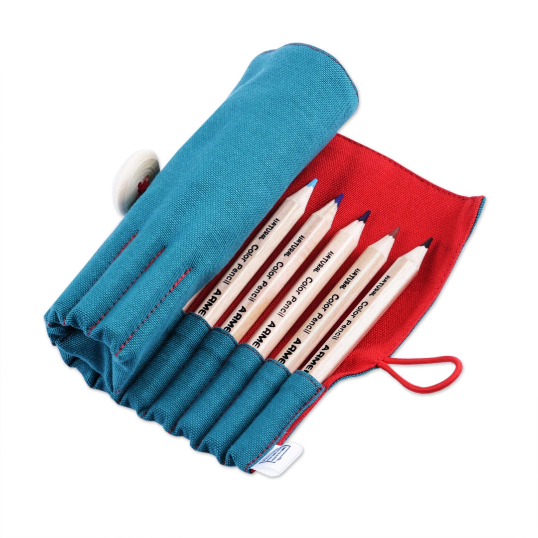 Wooden Colored Pencil Set with Teal and Red Cotton Roll Case - Passion Palette