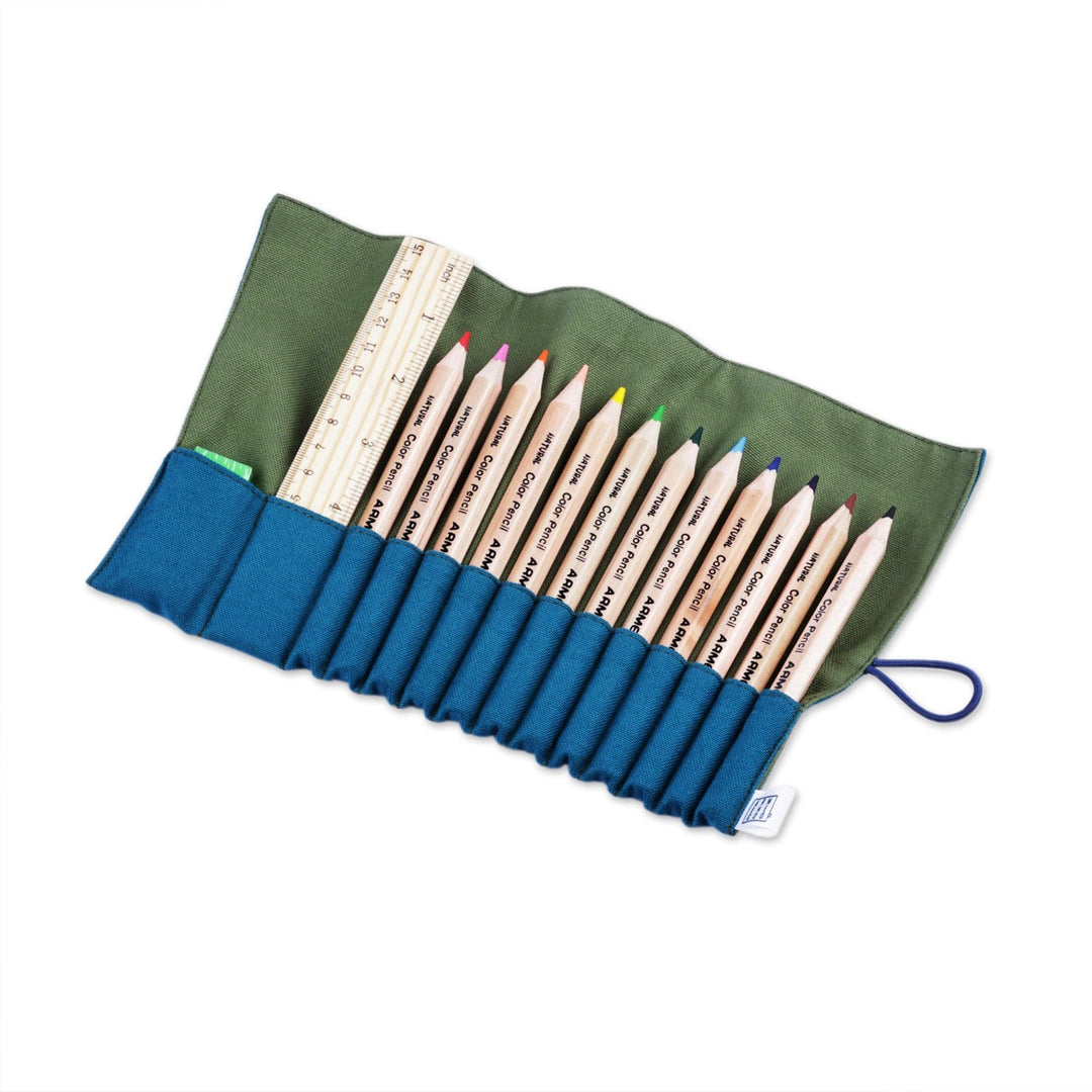 Wooden Colored Pencil Set with Teal and Green Cotton Case - Harmony Palette