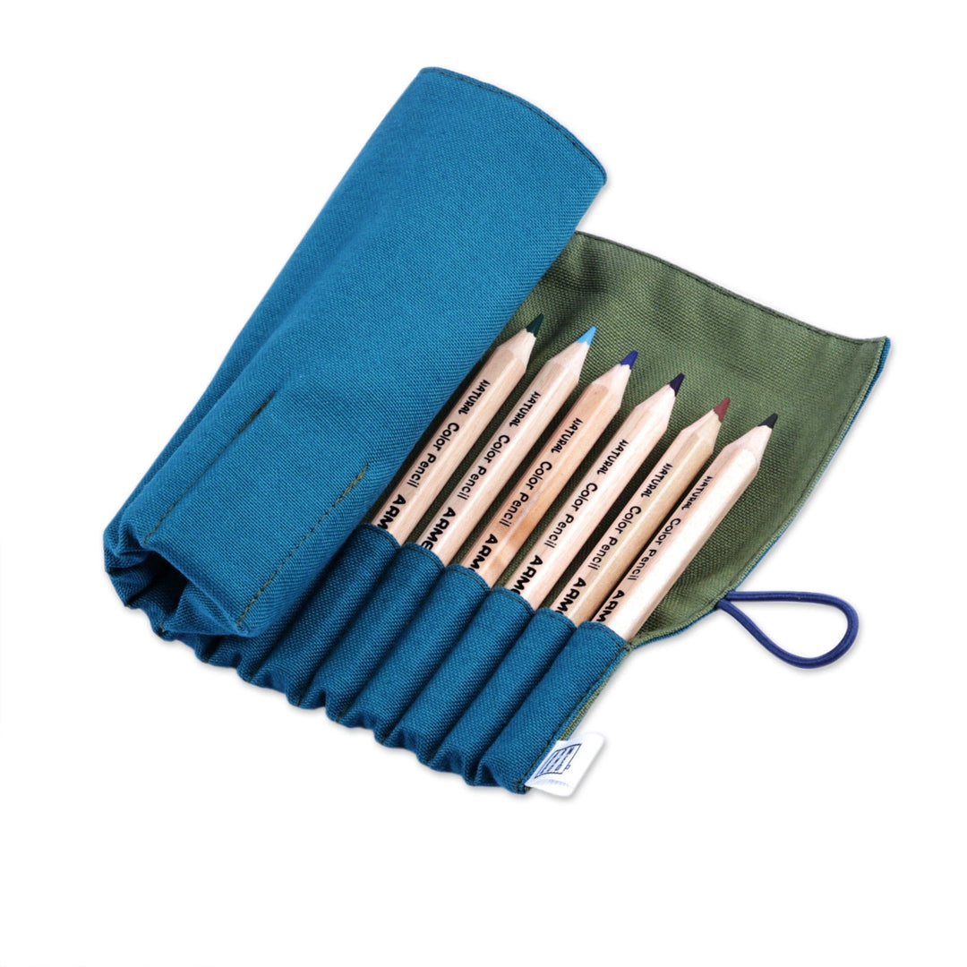Wooden Colored Pencil Set with Teal and Green Cotton Case - Harmony Palette