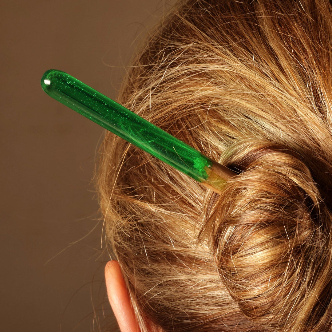 Natural Fiber Hair Pin with Hand-Painted Green Resin Accent - Lovingly Green