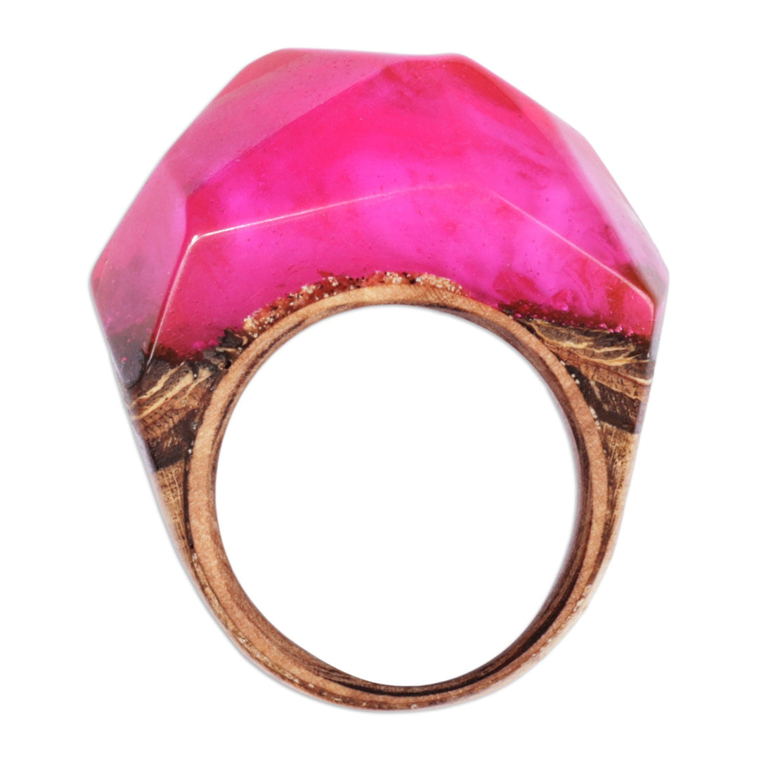 Handcrafted Apricot Wood and Resin Domed Ring in Fuchsia - Pink Splendor