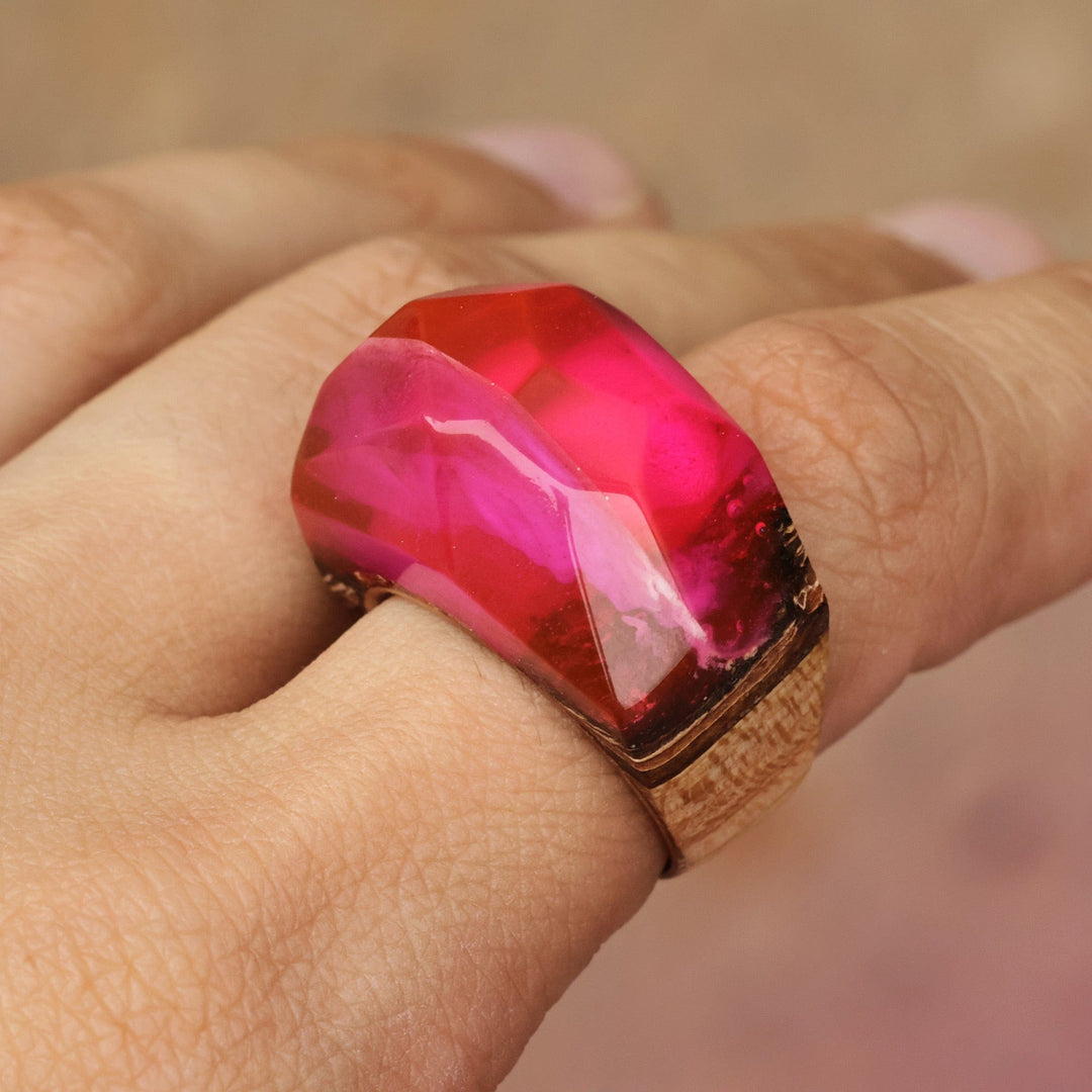 Handcrafted Apricot Wood and Resin Domed Ring in Fuchsia - Pink Splendor