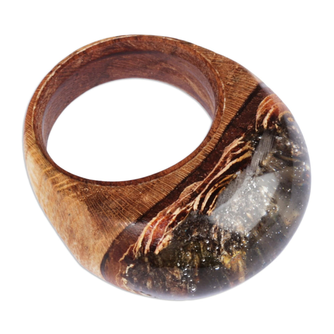 Handcrafted Wood and Resin Domed Ring in Brown and Black - Hypnotic Allure