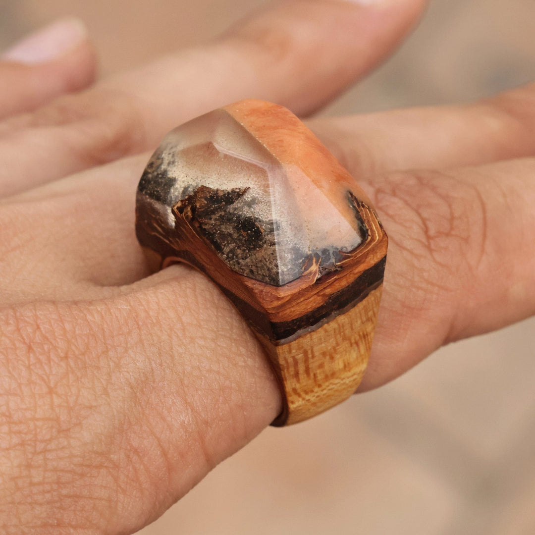 Apricot Wood and Resin Cocktail Ring Handcrafted in Armenia - Mesmerizing Beauty