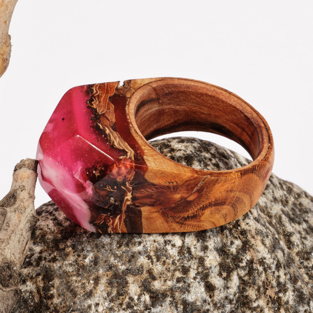 Handcrafted Wood and Resin Domed Ring in Pink and White - Pink Spectacle