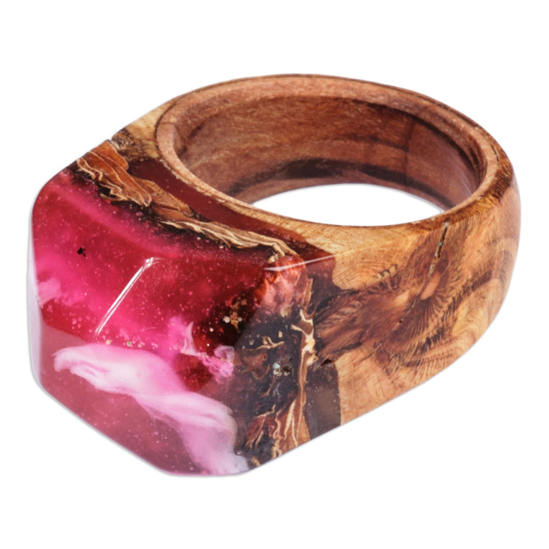 Handcrafted Wood and Resin Domed Ring in Pink and White - Pink Spectacle