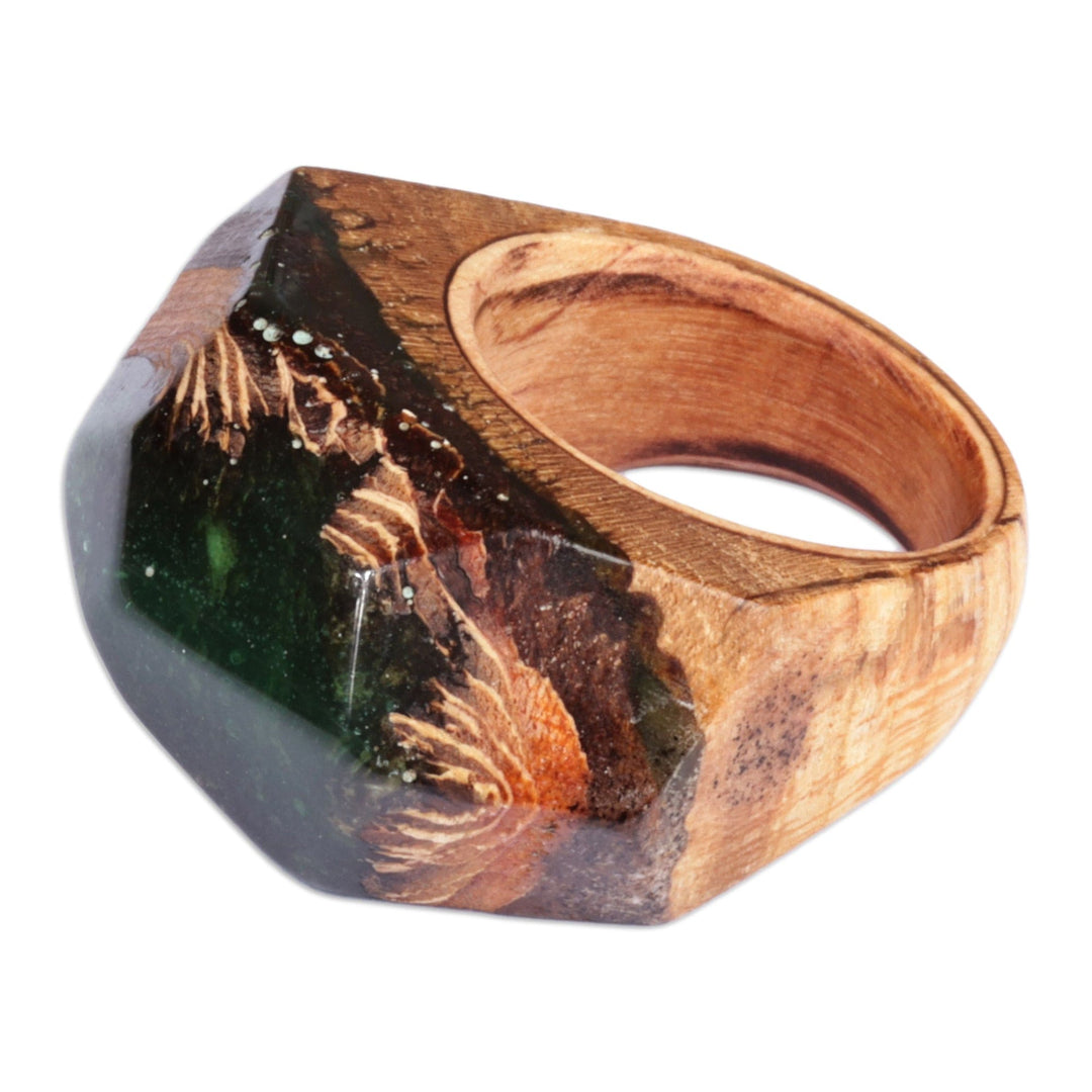 Handcrafted Wood and Resin Domed Ring in Green and Gold - Unparalleled Beauty