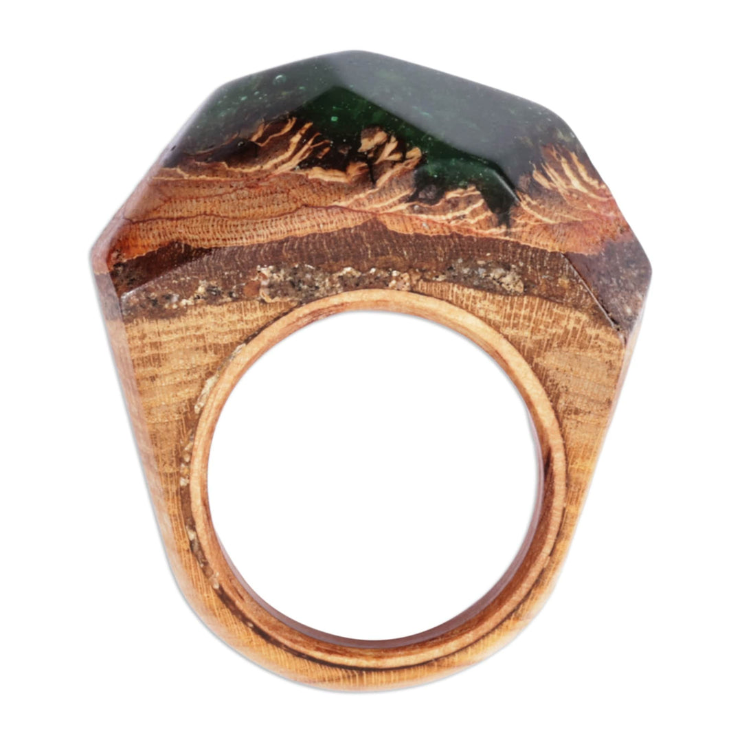 Handcrafted Wood and Resin Domed Ring in Green and Gold - Unparalleled Beauty