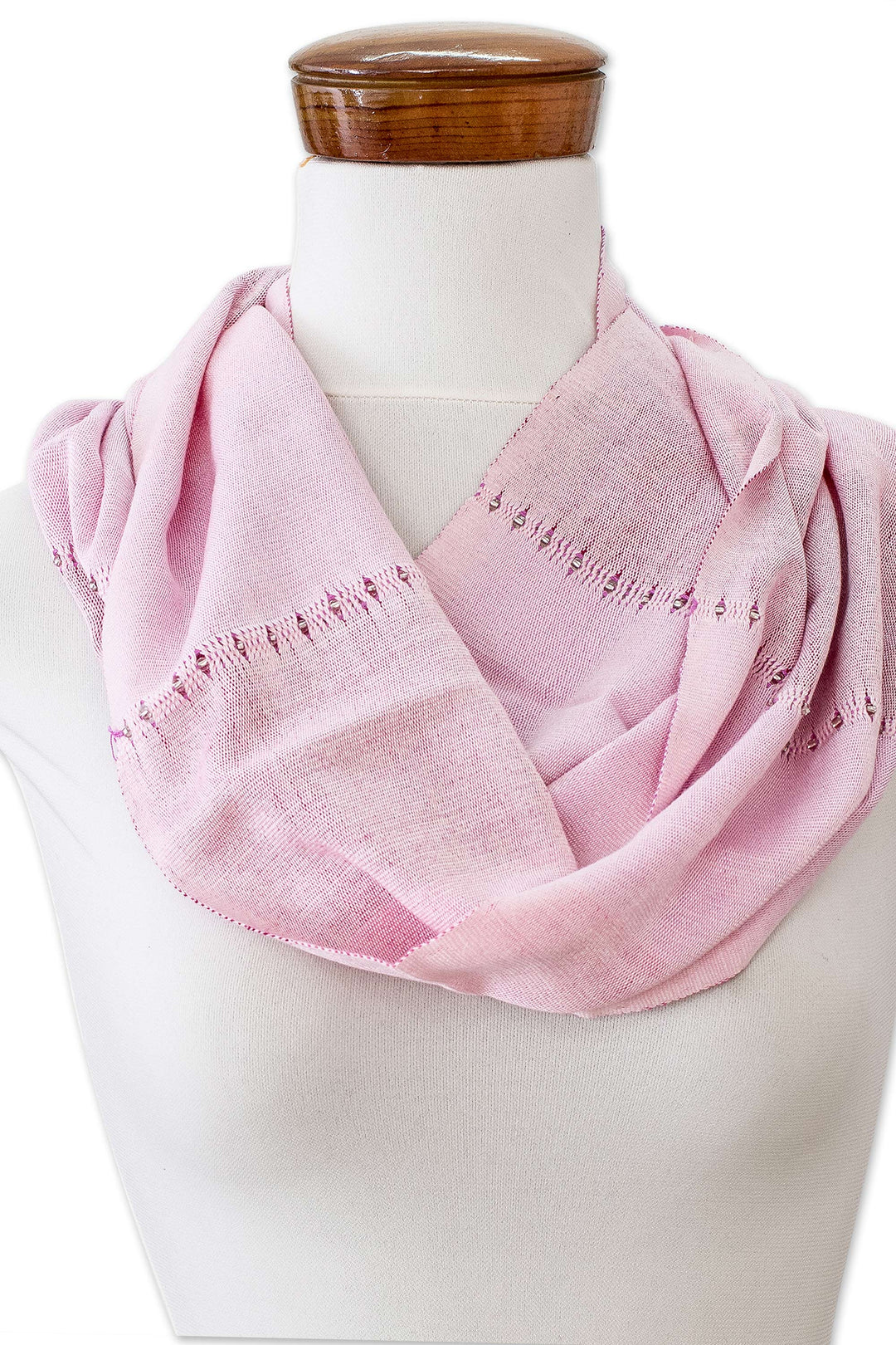 Hand-Woven Cotton Beaded Infinity Scarf in Pastel Pink Hues - Endless in Pastel Pink