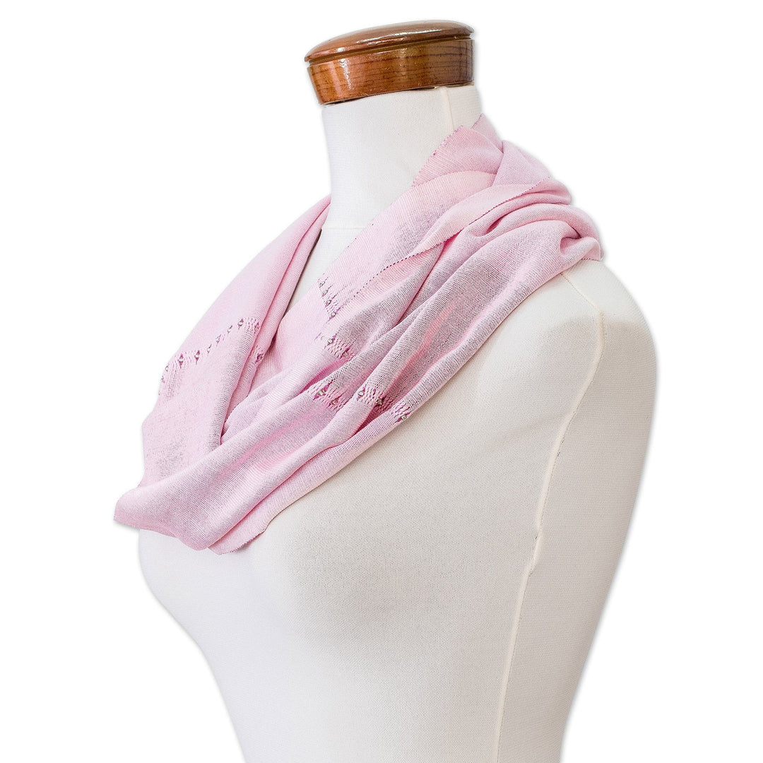 Hand-Woven Cotton Beaded Infinity Scarf in Pastel Pink Hues - Endless in Pastel Pink