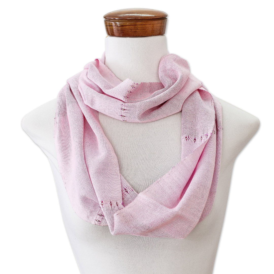 Hand-Woven Cotton Beaded Infinity Scarf in Pastel Pink Hues - Endless in Pastel Pink