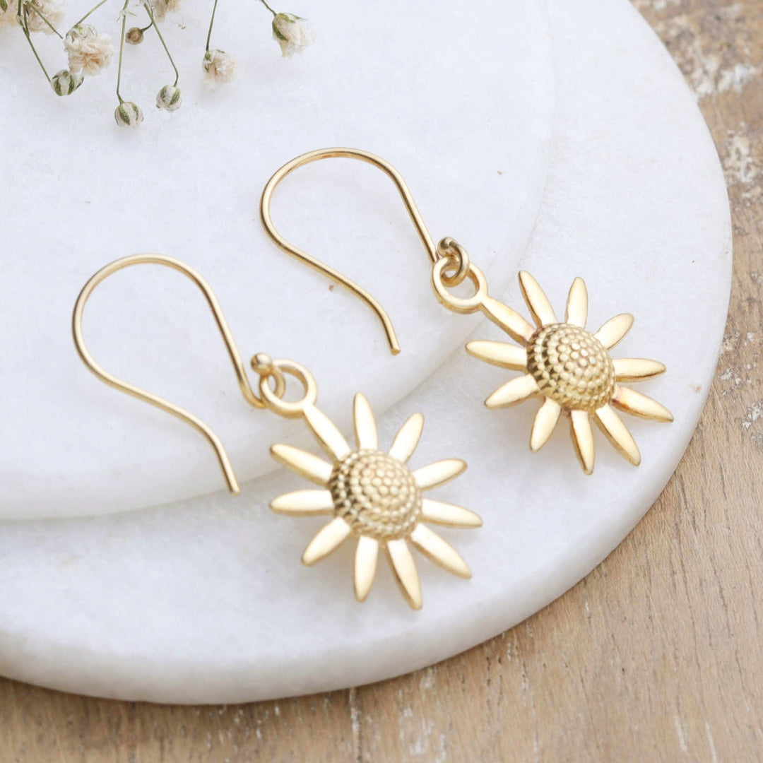 22k Gold-Plated Sunflower Dangle Earrings from India - Sunflower Glory