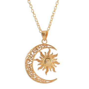 Sun and Crescent Moon 22k Gold-Plated Pendant Necklace - Sacred Duo