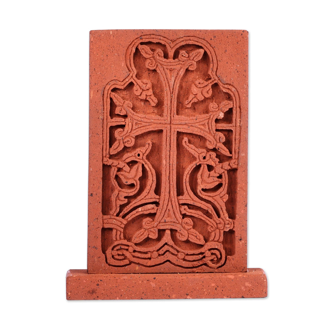 Classic Hand-Carved Brown Cross Tuff Stone Stela Sculpture - Spiritual Cross