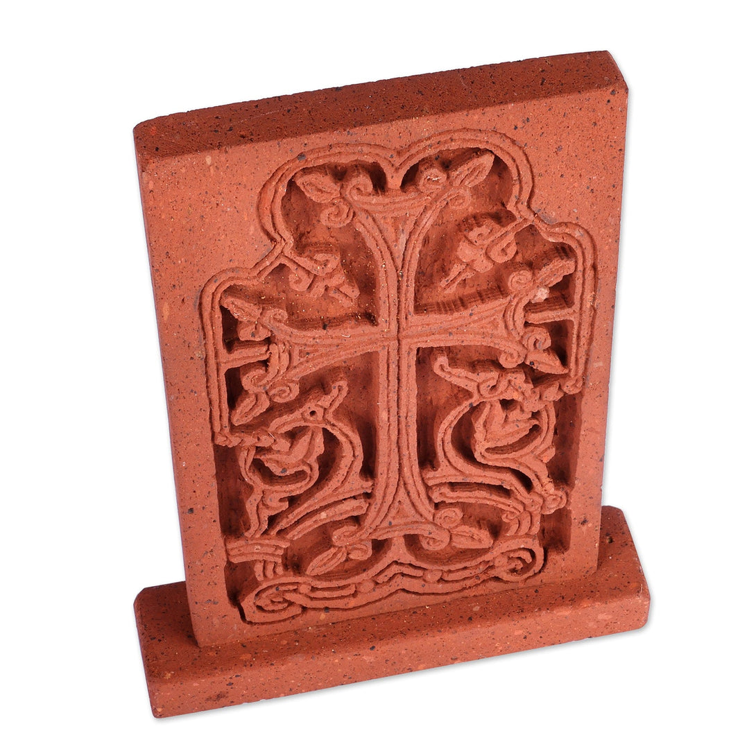 Classic Hand-Carved Brown Cross Tuff Stone Stela Sculpture - Spiritual Cross