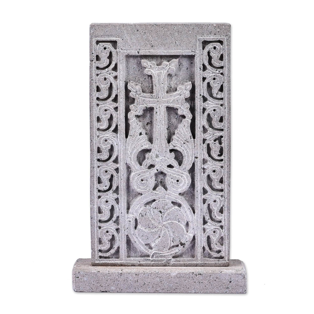 Hand-Carved Traditional Floral Basalt Stone Stela Sculpture - Faith Flower