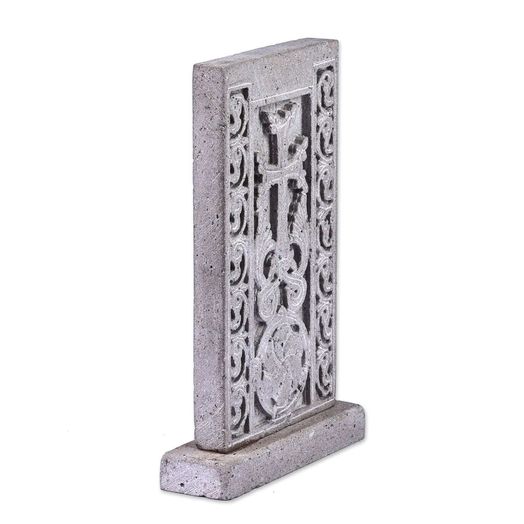 Hand-Carved Traditional Floral Basalt Stone Stela Sculpture - Faith Flower