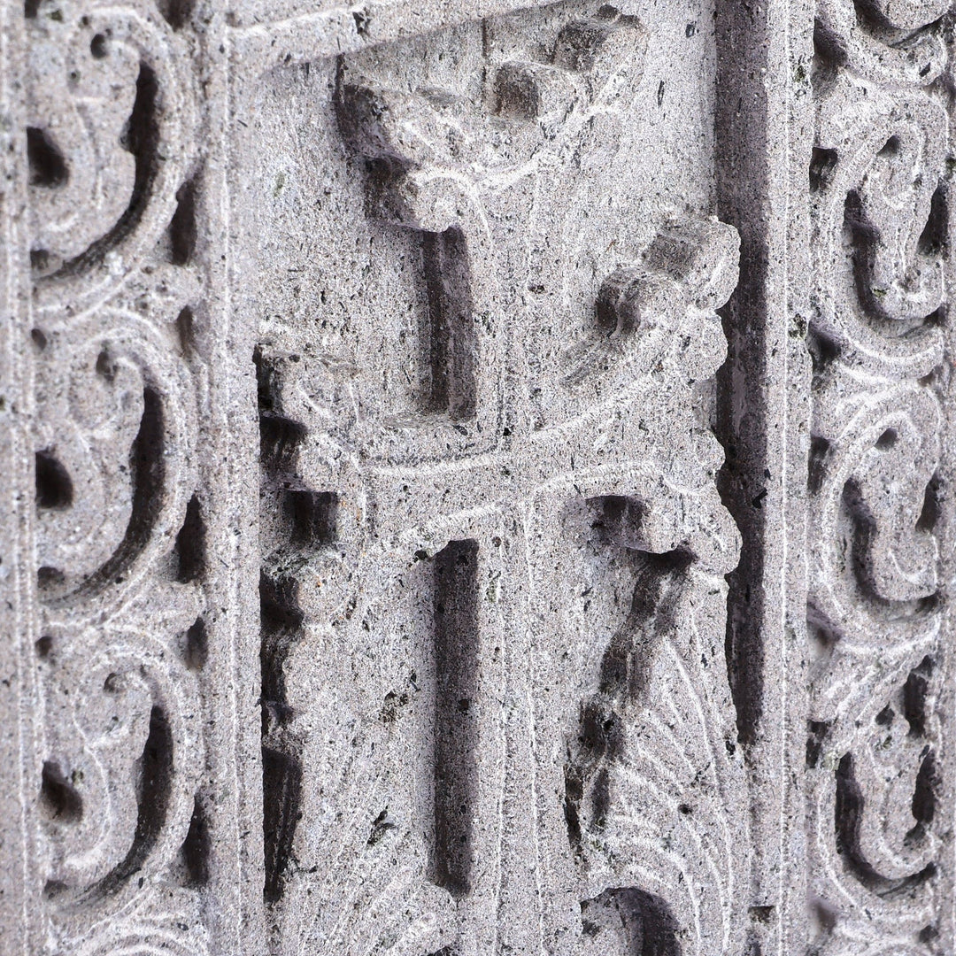 Hand-Carved Traditional Floral Basalt Stone Stela Sculpture - Faith Flower