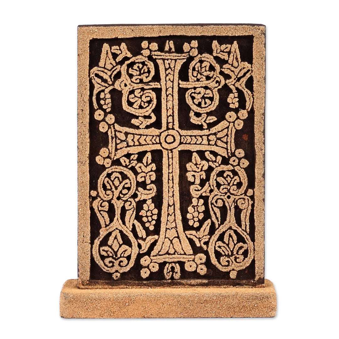 Handmade Traditional Leafy Cross Tuff Stone Stela Sculpture - The Kingdom's Faith