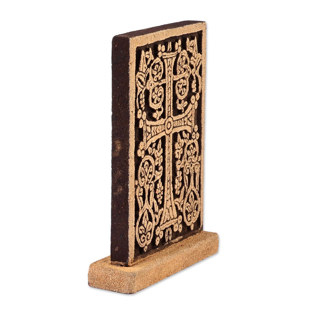 Handmade Traditional Leafy Cross Tuff Stone Stela Sculpture - The Kingdom's Faith