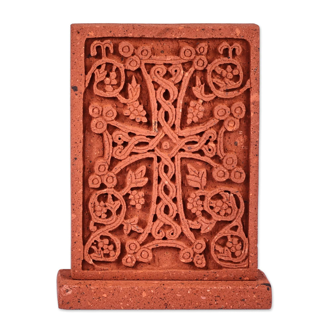 Handmade Traditional Cross-Themed Tuff Stone Stela Sculpture - Faith Amid Gardens