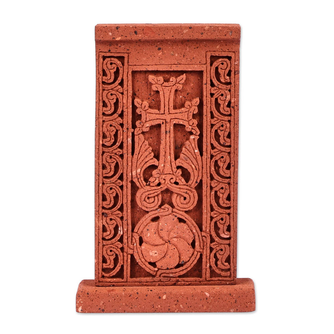 Hand-Carved Traditional Floral Tuff Stone Stela Sculpture - Red Faith Flower
