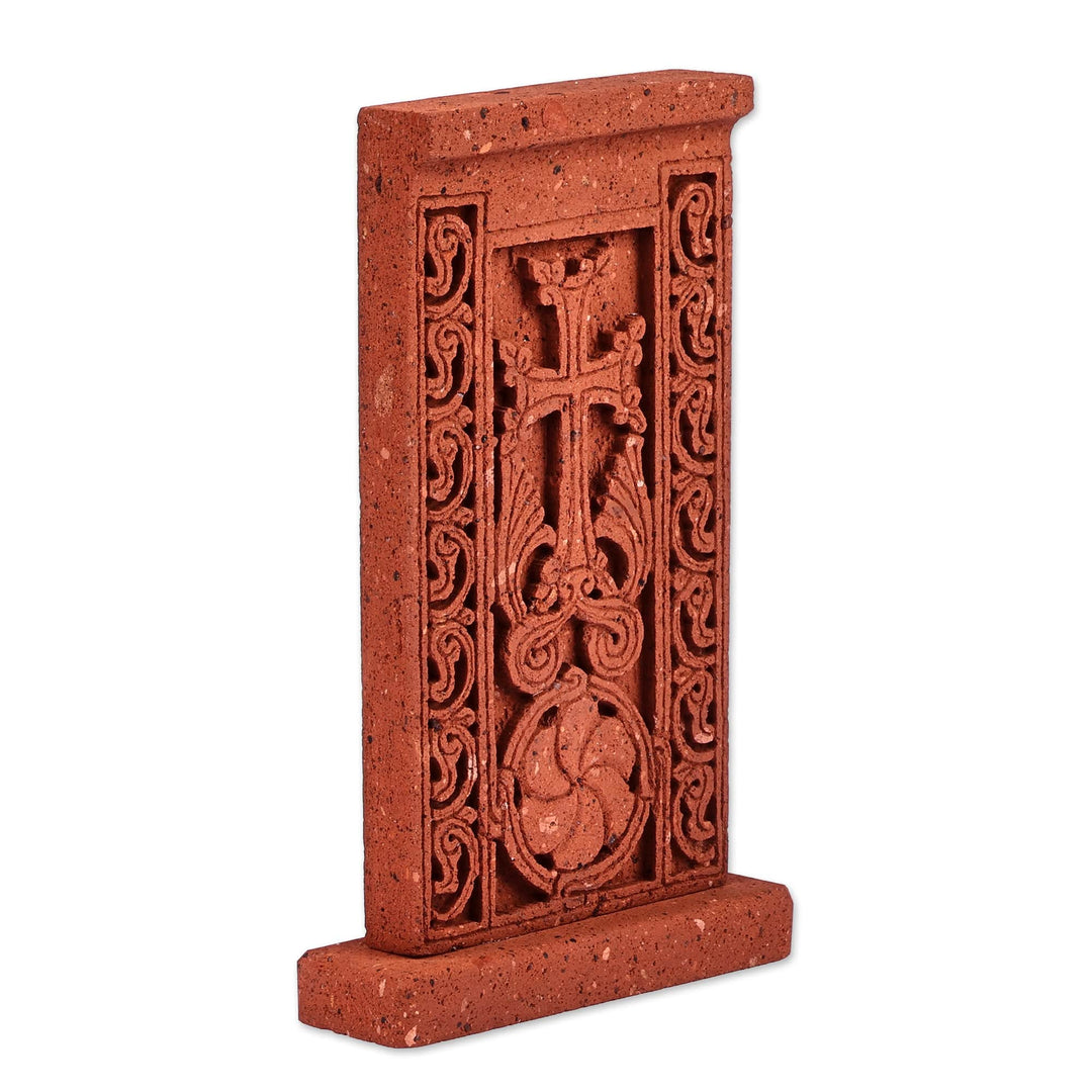 Hand-Carved Traditional Floral Tuff Stone Stela Sculpture - Red Faith Flower