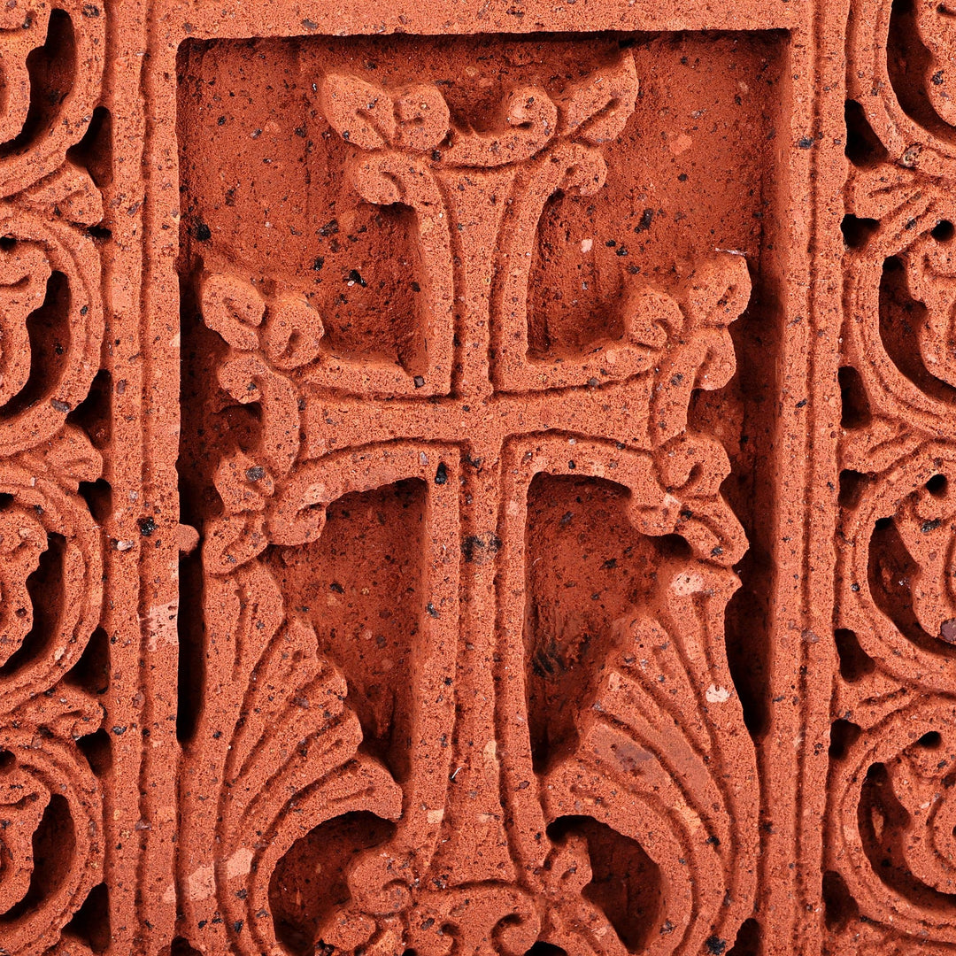 Hand-Carved Traditional Floral Tuff Stone Stela Sculpture - Red Faith Flower