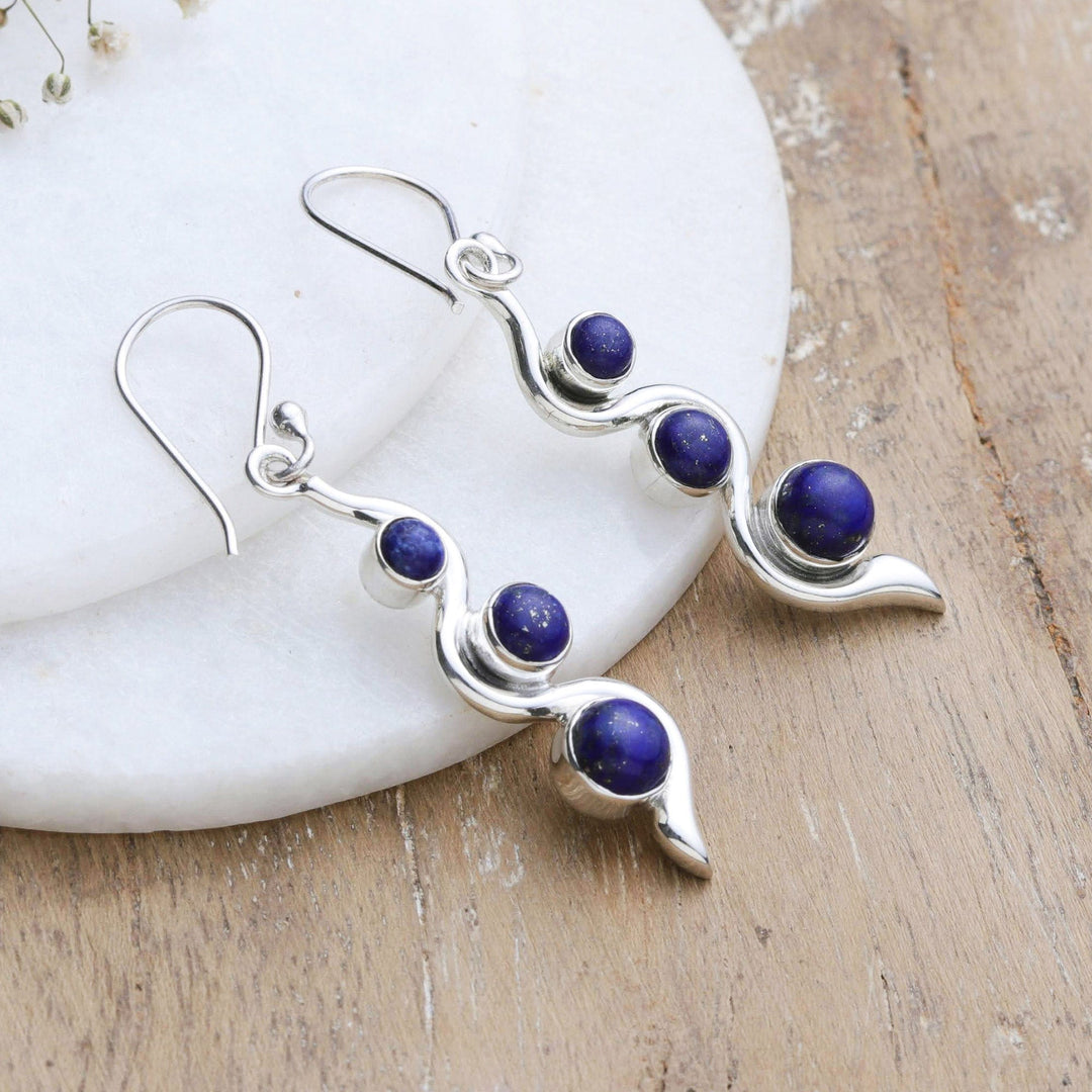 Modern Sterling Silver Lapis Lazuli Dangle Earrings - Swirling Intellect