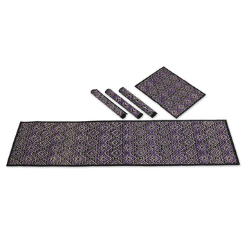 Cotton Natural Fiber 5-Piece Set of Table Runner & Placemats - Purple Diamond