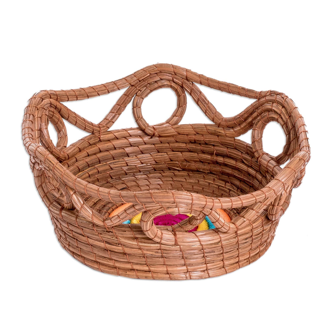 Handcrafted Natural Fiber Basket with Colorful Accents - Pine Festival