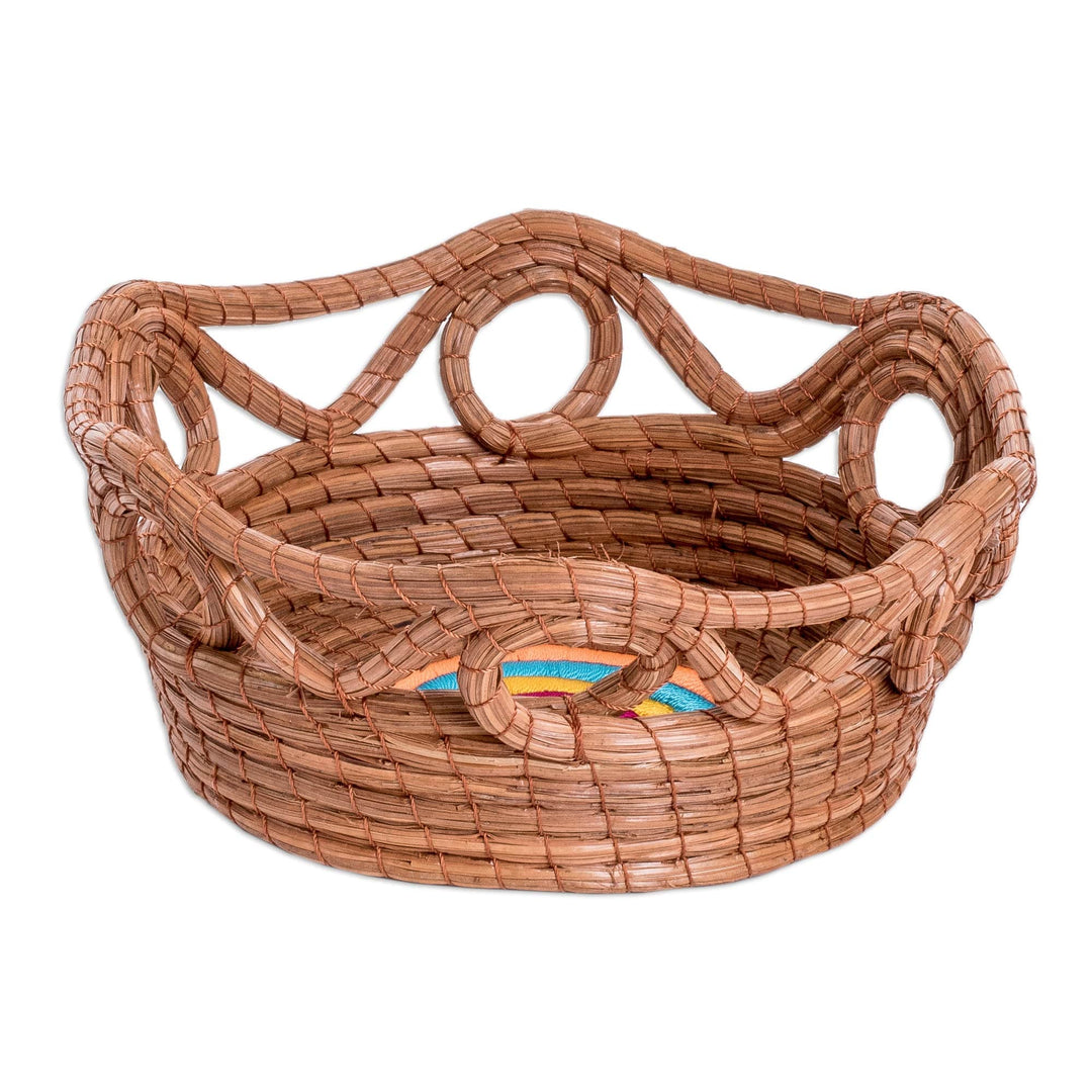 Handcrafted Natural Fiber Basket with Colorful Accents - Pine Festival