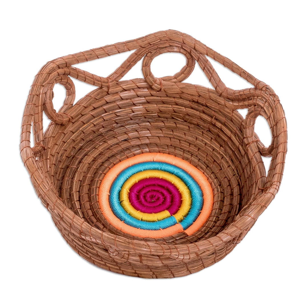 Handcrafted Natural Fiber Basket with Colorful Accents - Pine Festival