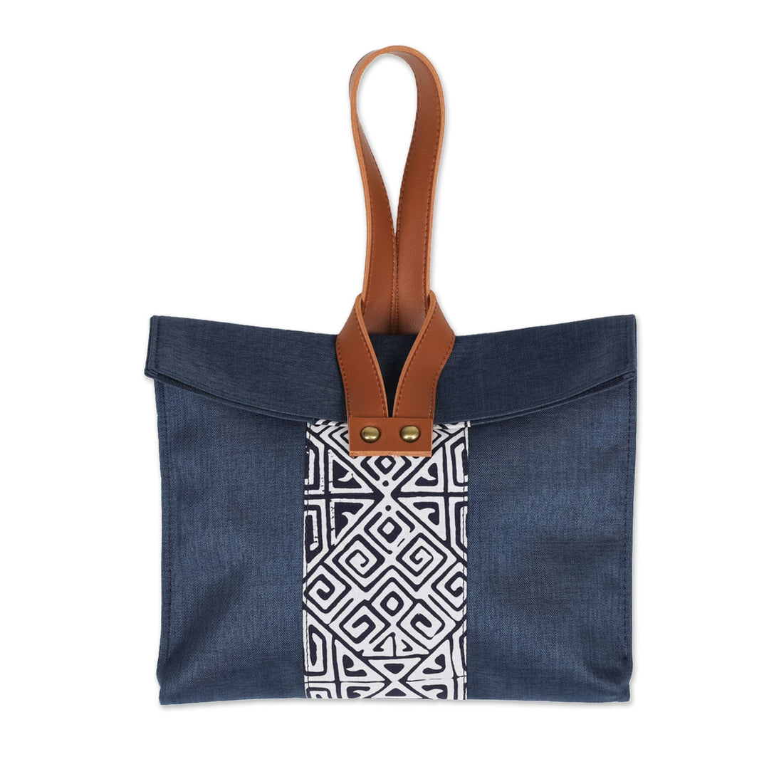 Cotton Tote Bag in Navy Blue with Geometric Batik Motifs - Midnight Cloud