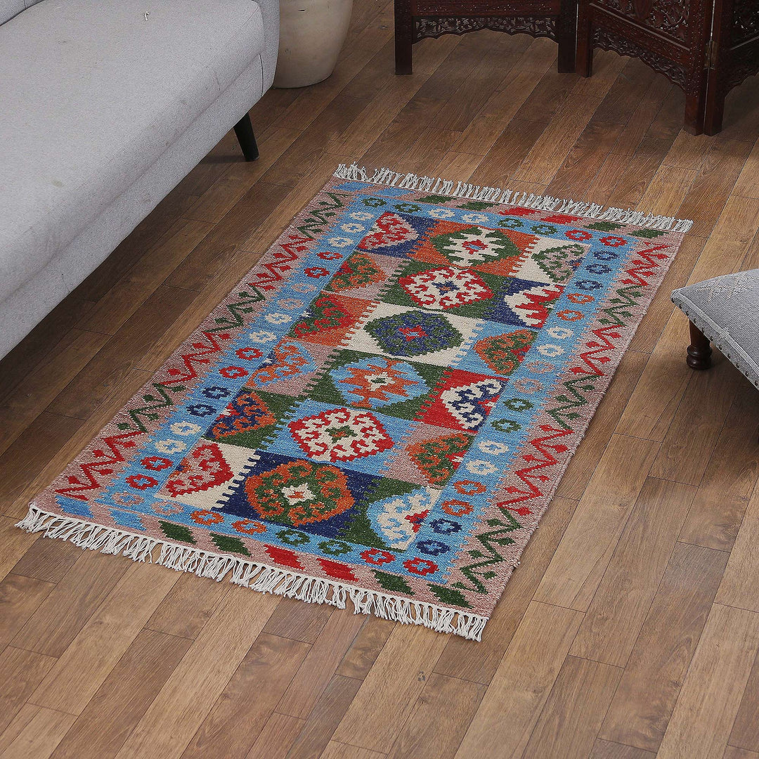 Handloomed Traditional Diamond-Patterned Wool Rug from India - Creative Blue