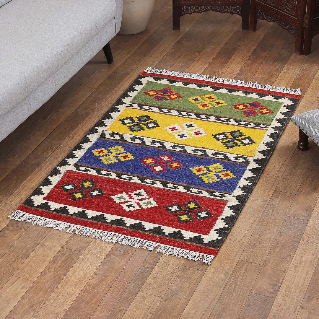 Handloomed Geometric Colorful Wool Area Rug from India (3x5) - Unique Home