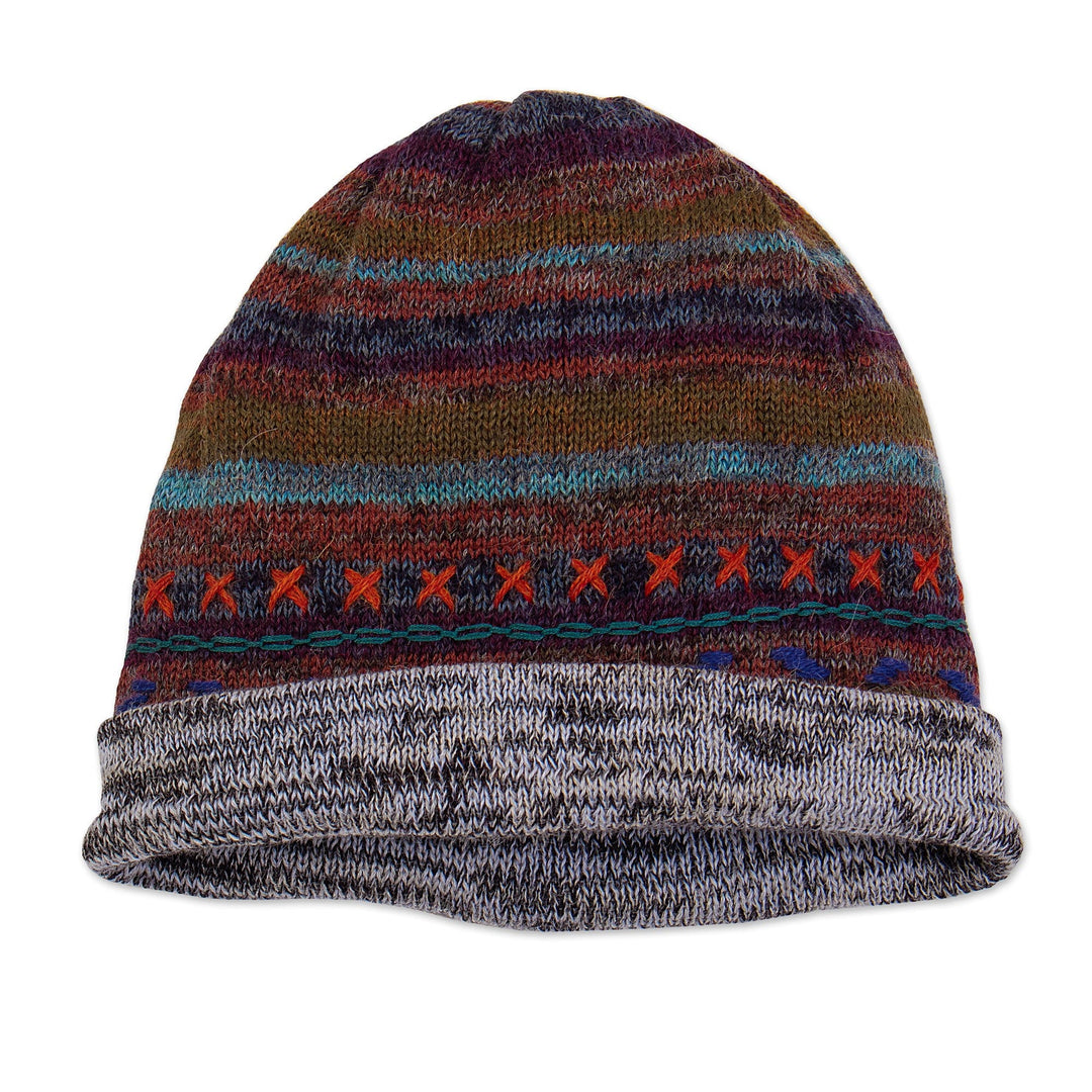 Reversible Unisex Striped 100% Alpaca Hat Knitted in Peru - Two in One