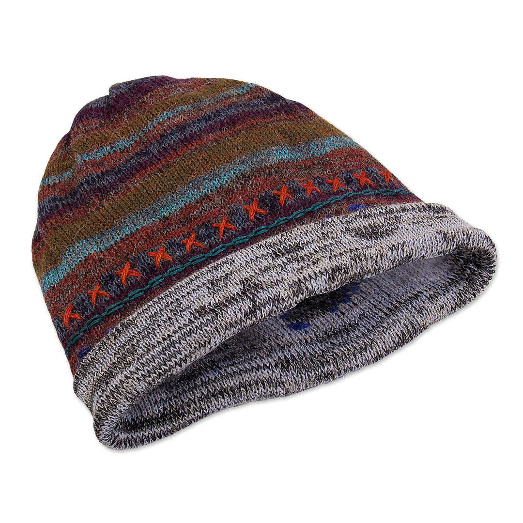 Reversible Unisex Striped 100% Alpaca Hat Knitted in Peru - Two in One