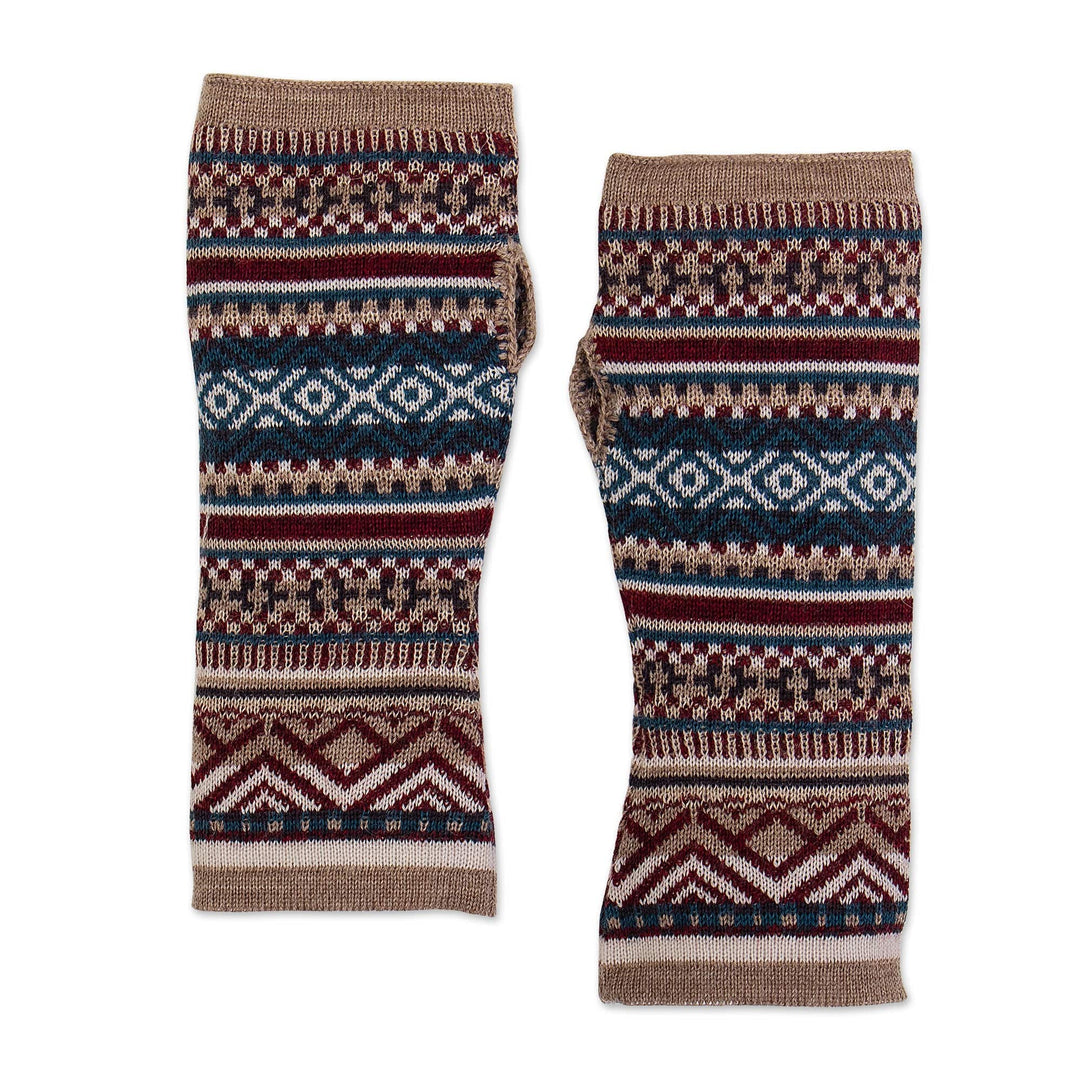 Traditional Geometric Beige Alpaca Blend Fingerless Mitts - Andean Beige