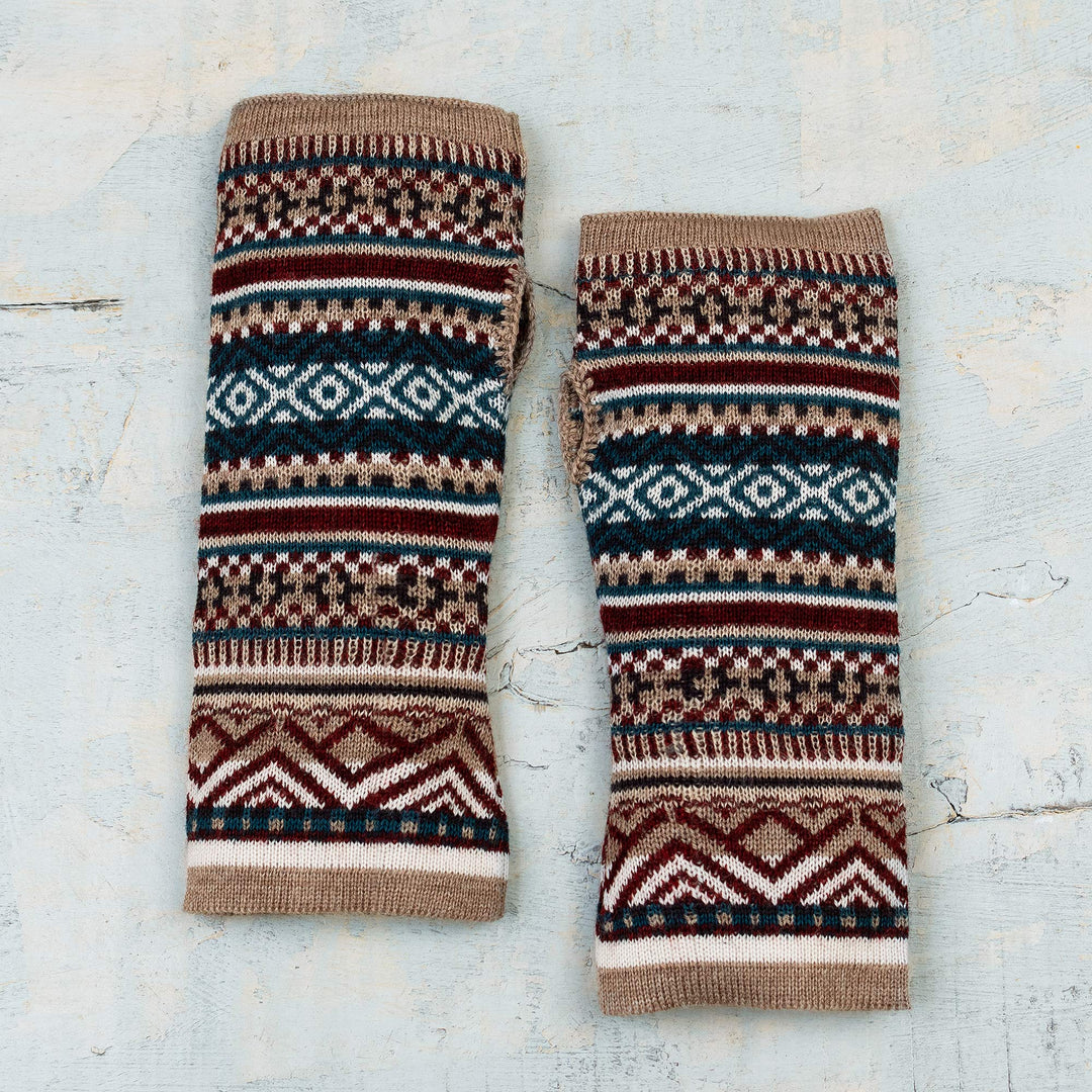 Traditional Geometric Beige Alpaca Blend Fingerless Mitts - Andean Beige