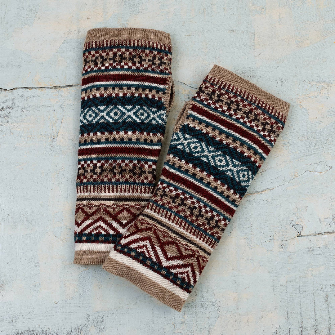 Traditional Geometric Beige Alpaca Blend Fingerless Mitts - Andean Beige